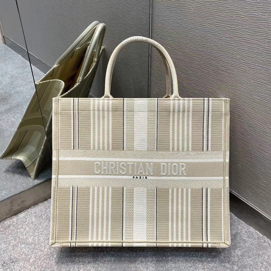 D10r Large Book Tote Bag Replica in Beige Stripes Embroidery