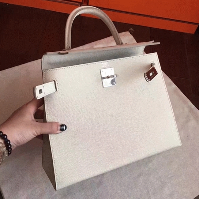 White Epsom Knockoff H**me5 Kelly Sellier 28cm Structured Handbag