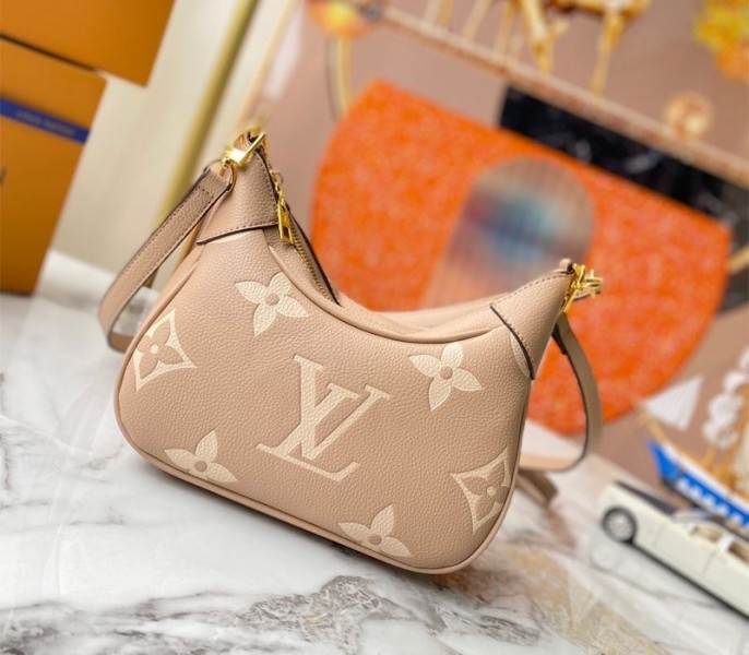 L0vis Vvtt0n Bicolor Monogram Empreinte Leather Bagatelle Mini Hobo In Tourterelle Gray