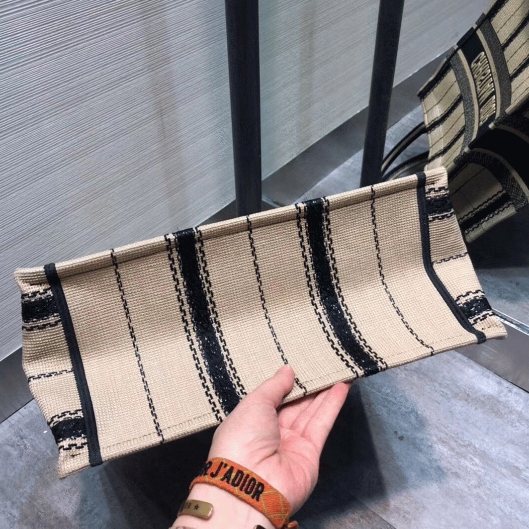 D10r Medium Book Tote Bag Fake in Black and Beige Bayadère Embroidered