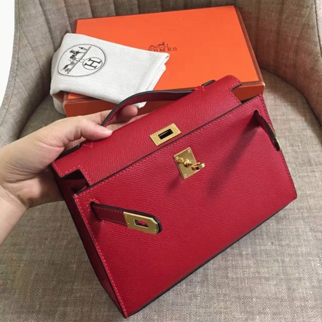 Rouge Vif Epsom Fake H**me5 Kelly Pochette Red Bold Clutch