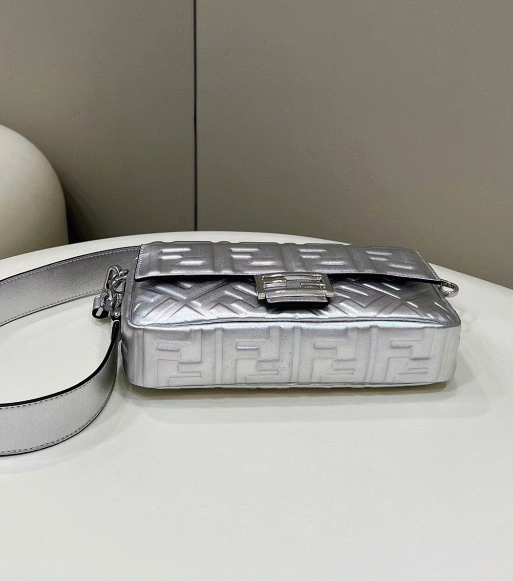 Top Quality Fake F**di Large Baguette Bag In Silver FF Metallic Leather