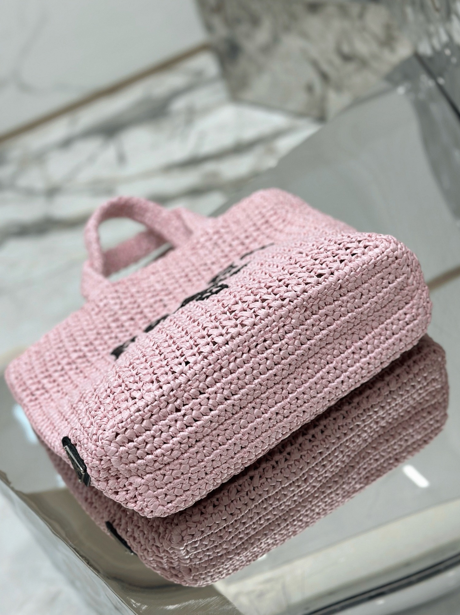 Pra*a Small Crochet Tote Bag Replica in Pink Raffia-effect Yarn