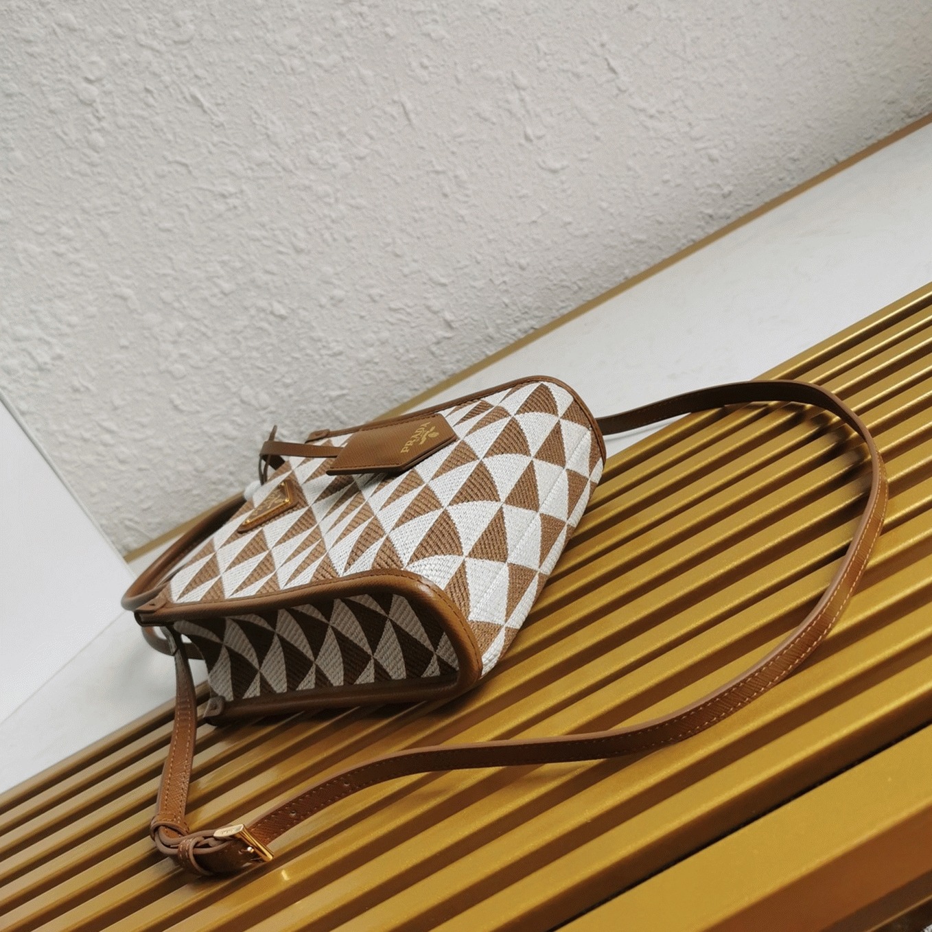 Pra*a Symbole Micro Bag Replica in White/Brown Jacquard Fabric