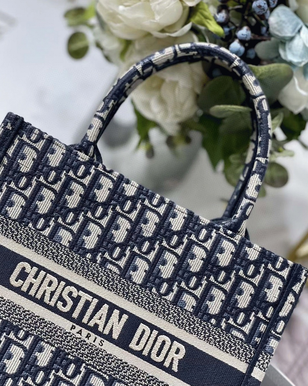 D10r Small Book Tote Bag Replica in Blue D10r Oblique Embroidery