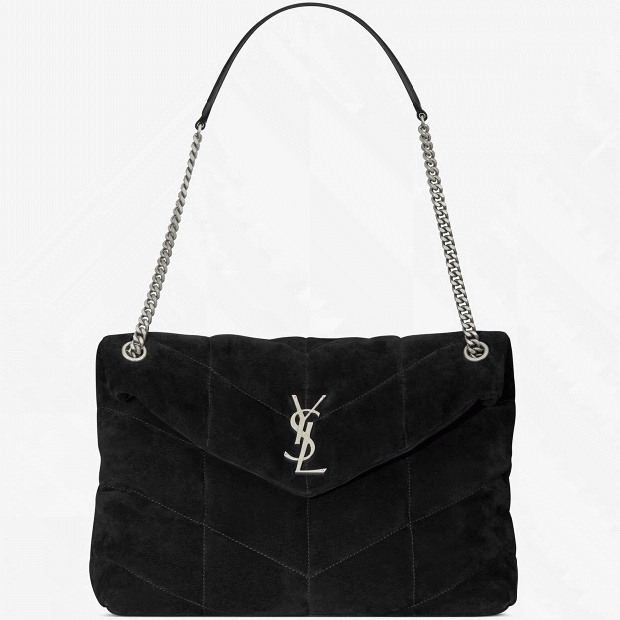 Sa1nt Lau*nt Puffer Medium Chain Bag Black Suede Calfskin