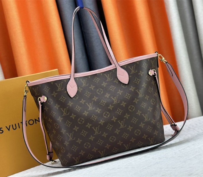 L0vis Vvtt0n Neverfull Bandouliere Inside Out MM Tote In Monogram Canvas And Peony Pink Textile And Leather