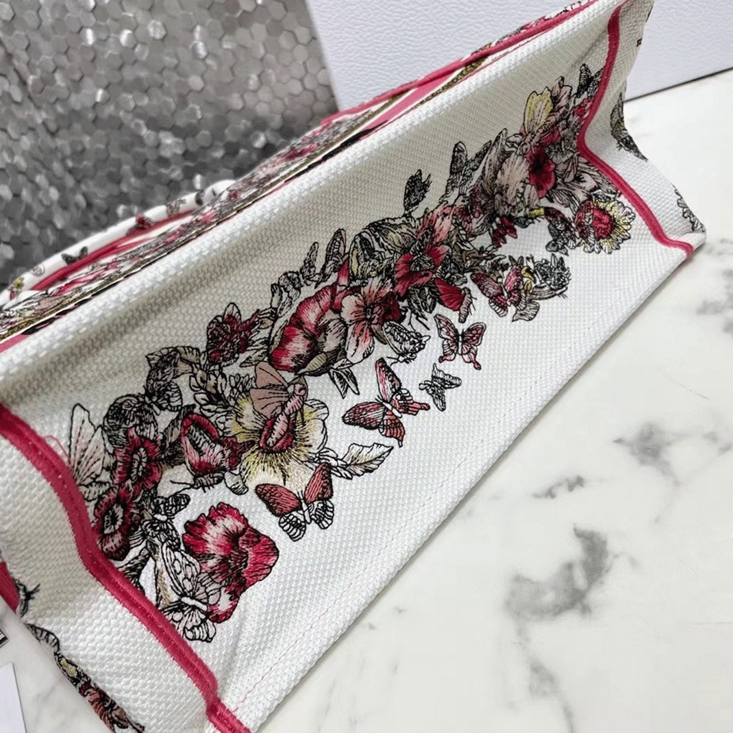 D10r Medium Book Tote Bag Fake in Multicolor Butterfly Embroidery