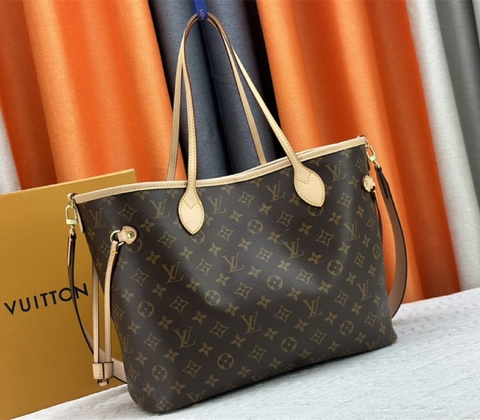 L0vis Vvtt0n Neverfull Bandouliere Inside Out MM Tote In Monogram Canvas And Stamped Beige Textile