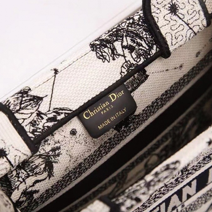D10r Small Book Tote Bag Faux in White Toile de Jouy Zodiac Embroidery