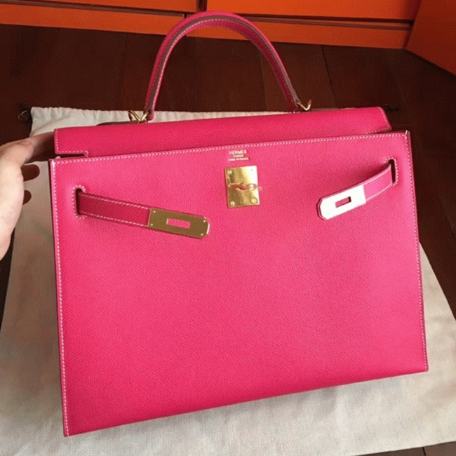 Rose Tyrien Epsom Fake H**me5 Kelly 32cm Sellier Bright Tote