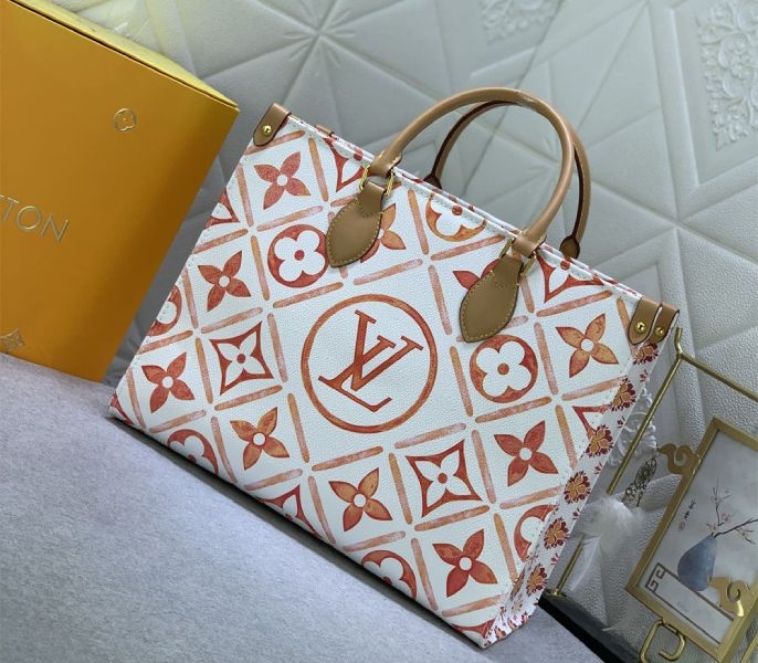 L0vis Vvtt0n LV By The Pool Monogram Tiles Canvas Onthego MM Tote In Coral