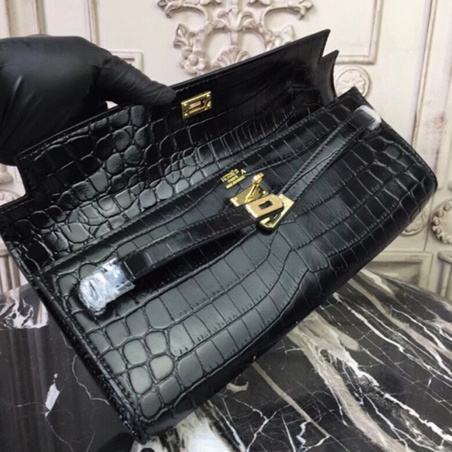 Black Crocodile Replica H**me5 Kelly Cut Clutch Exotic Skin Bag