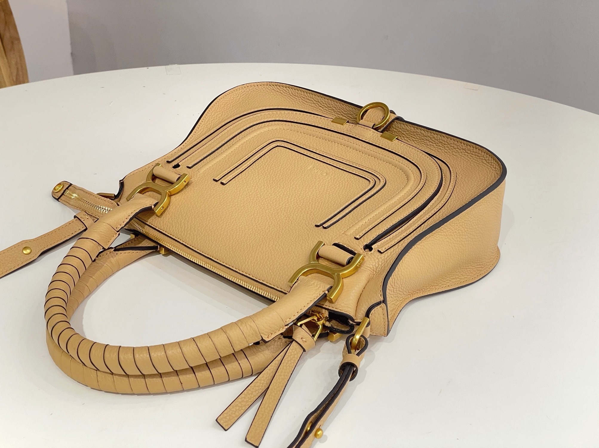 top quality fake Ch10e marcie small double carry bag in beige grained leather