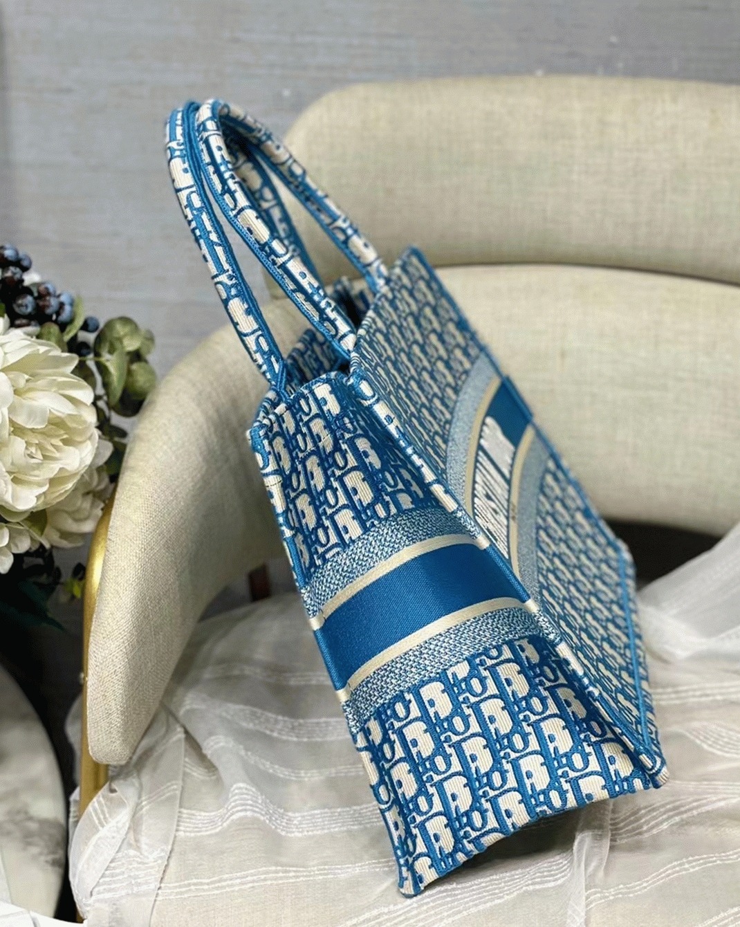 D10r Medium Book Tote Bag Knockoff in Blue Oblique Embroidery