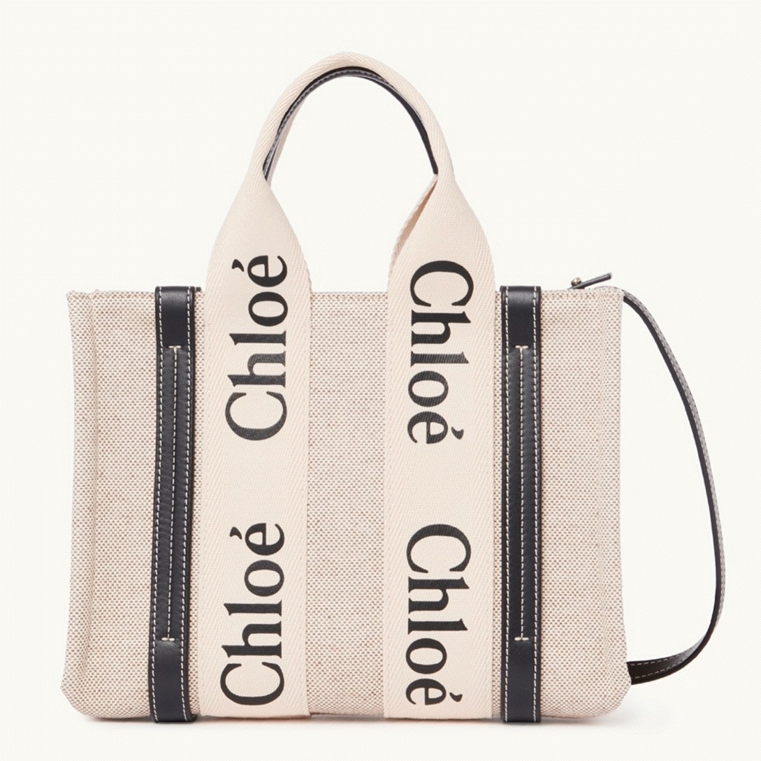 top quality fake Ch10e small woody tote bag in canvas with blue leather strips