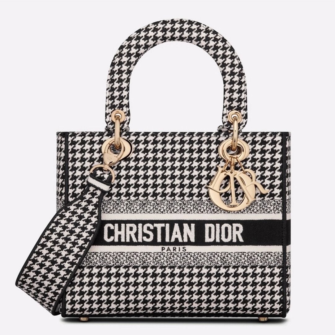 D10r Lady D-Lite Medium Bag Replica in Black   White Houndstooth Embroidery