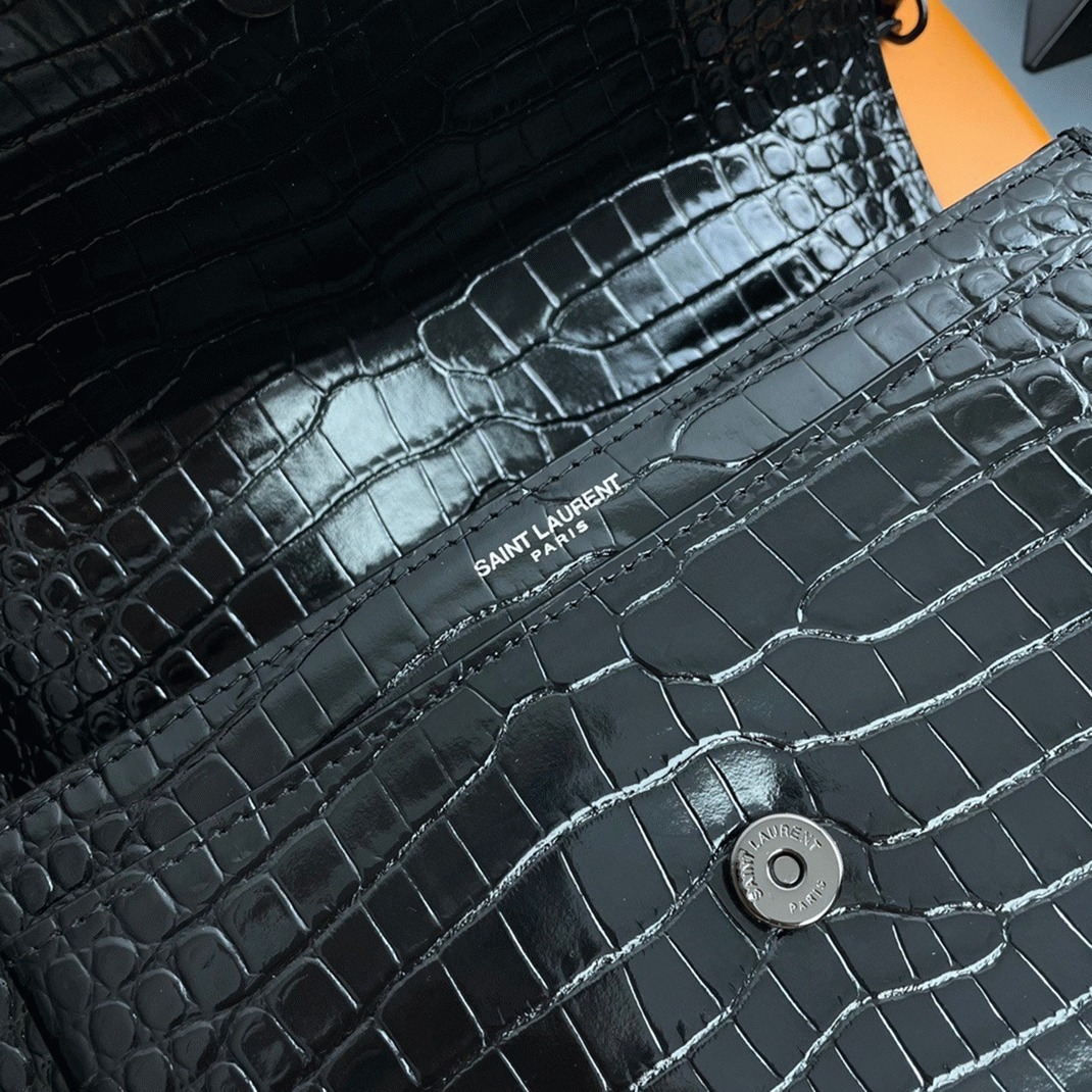 Fake Sa1nt Lau*nt Sunset Medium All Black Chain Bag Crocodile-embossed Leather