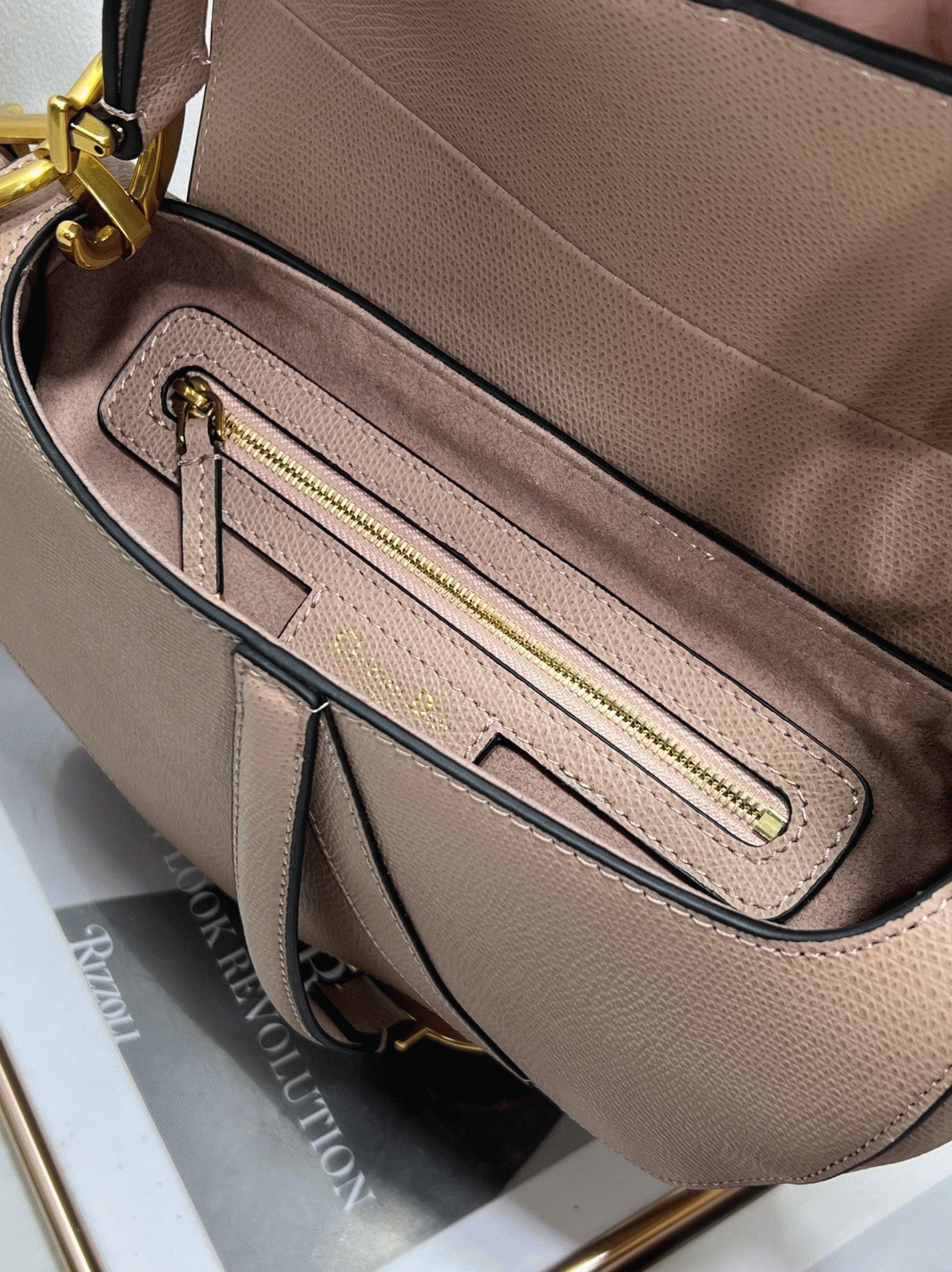 D10r Saddle Bag with Strap Faux in Warm Taupe Grained Calfskin