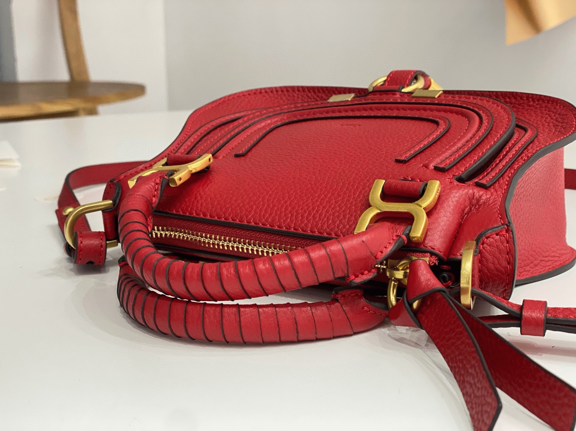 top quality knockoff Ch10e marcie mini double carry bag in red grained leather