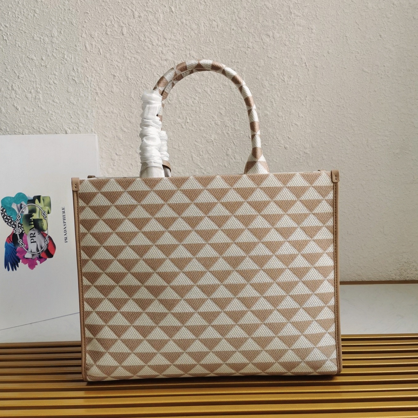 Pra*a Symbole Small Bag Fake in Beige/White Jacquard Fabric