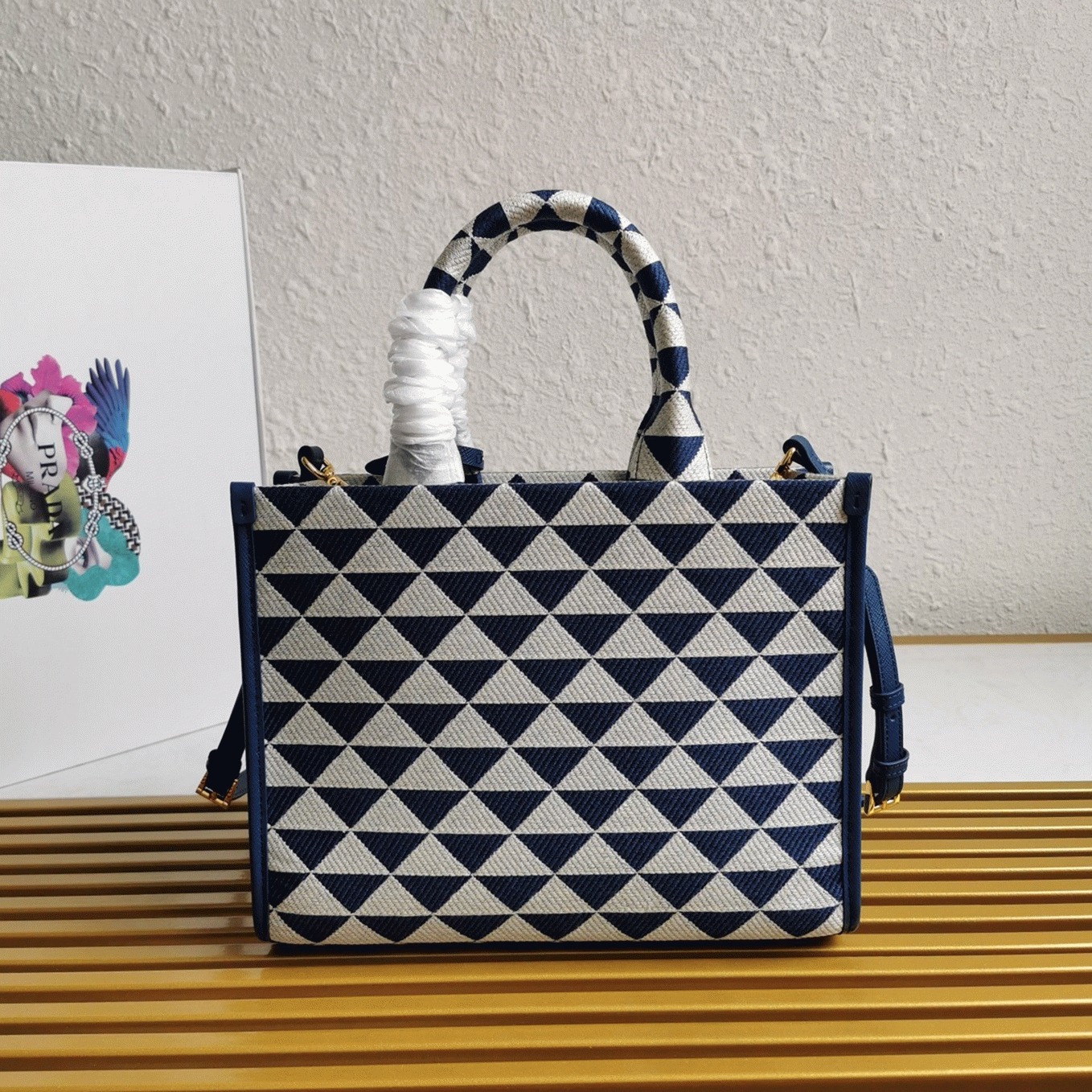 Pra*a Symbole Small Bag Knockoff in White/Blue Jacquard Fabric