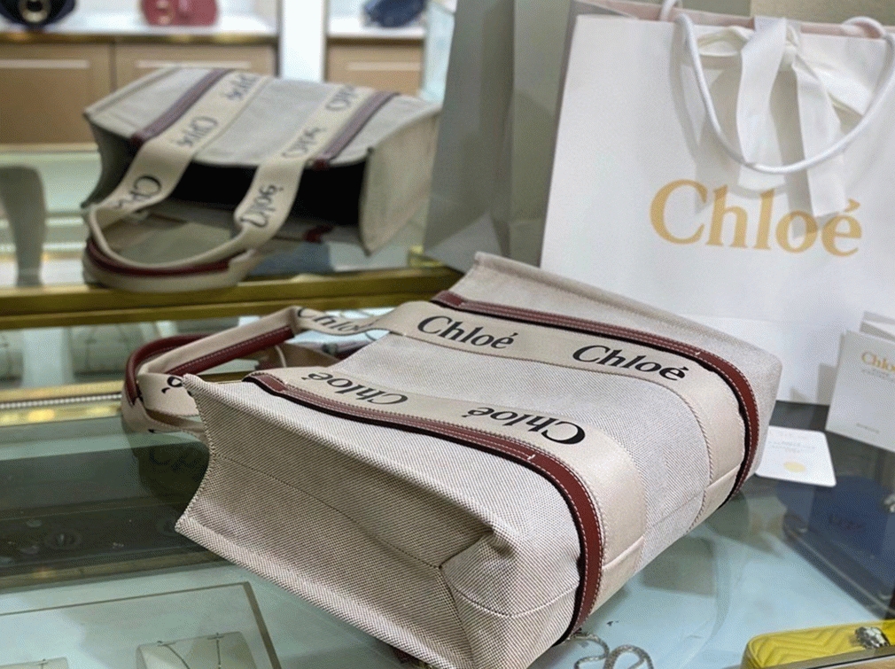 top quality faux Ch10e medium woody tote bag in canvas with brown leather strips