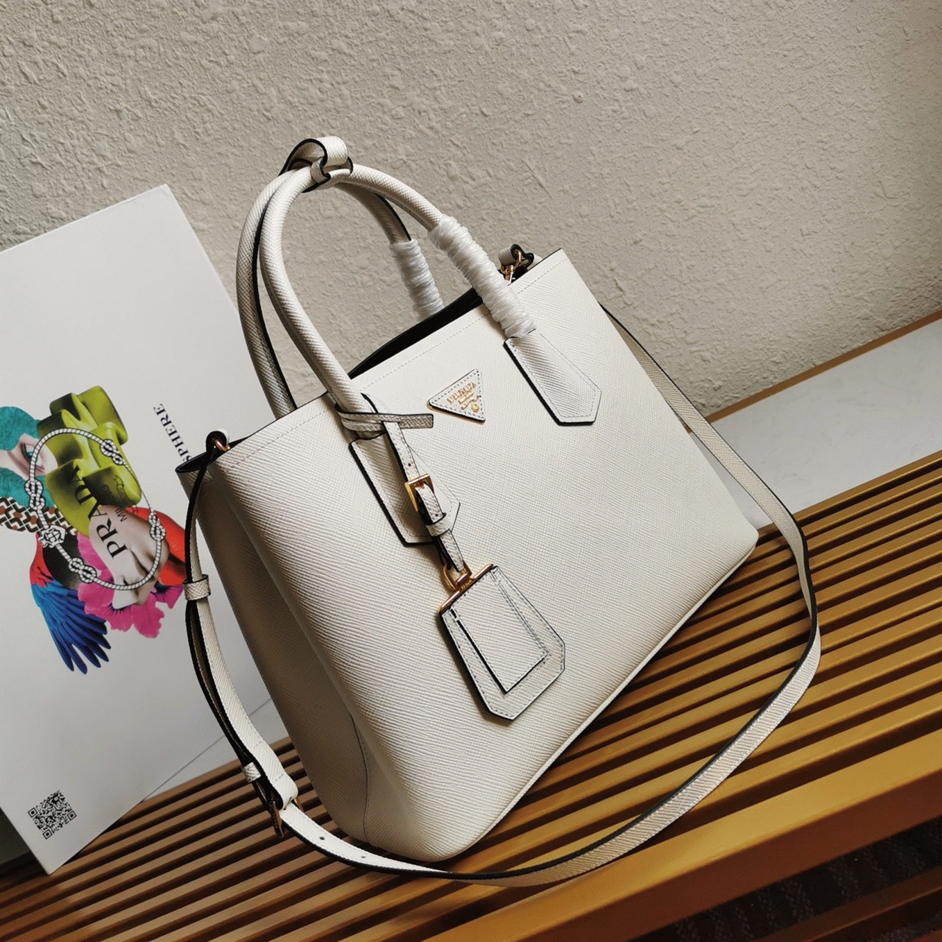 White Pra*a Double Medium Tote Bag Knockoff