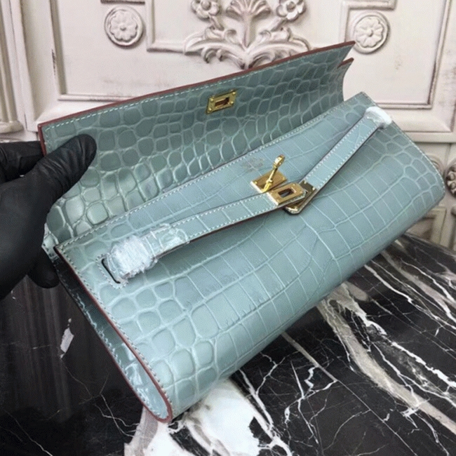 Blue Lin Crocodile Copy H**me5 Kelly Cut Clutch Elegant Purse