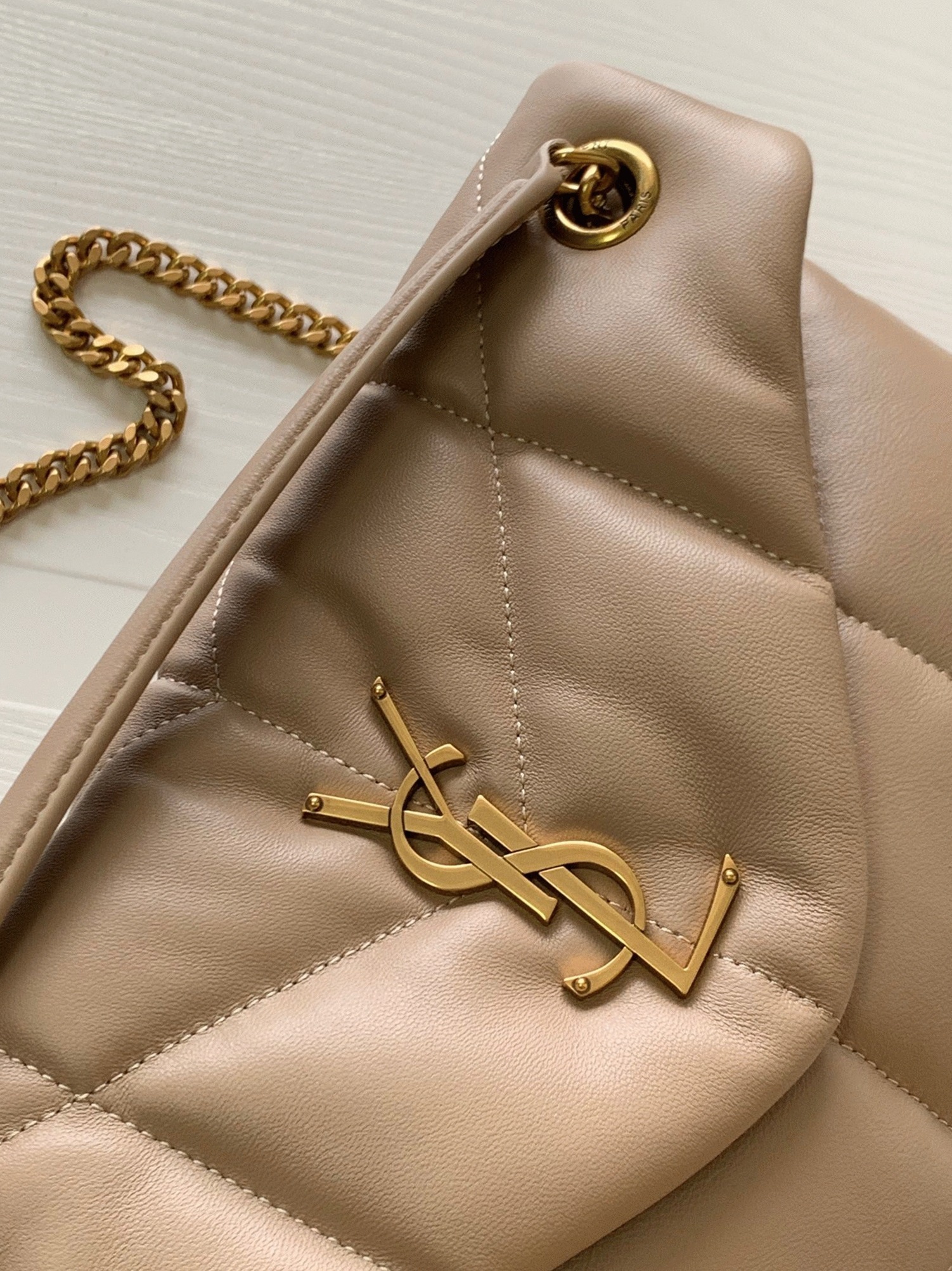 Replica Sa1nt Lau*nt Puffer Small Chain Bag Beige Lambskin