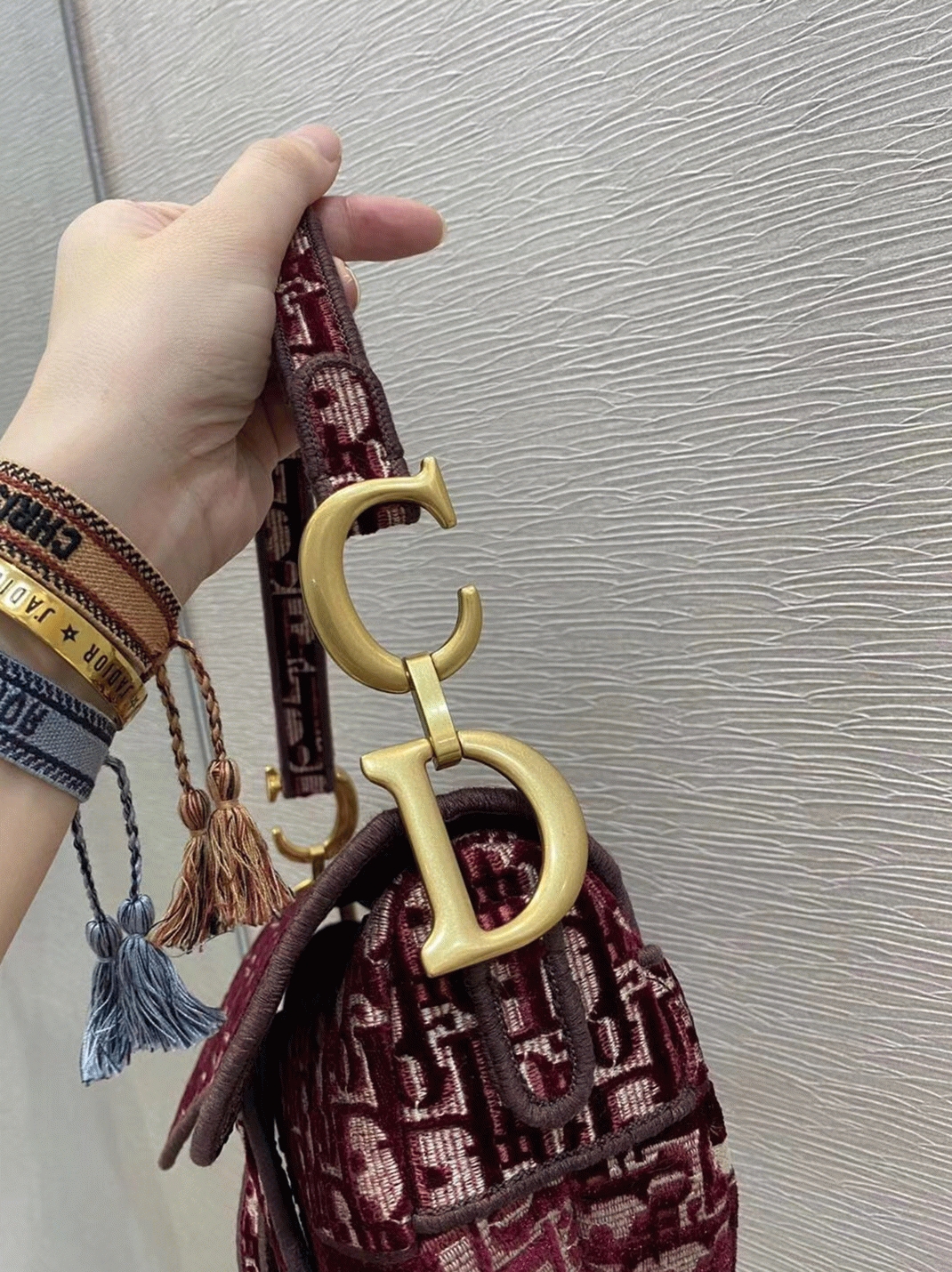 D10r Saddle Bag Faux in Bordeaux Velvet Oblique Embroidered