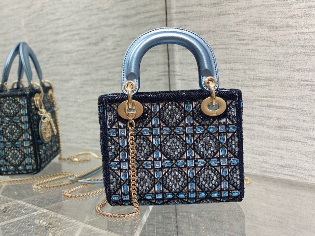 D10r Lady D10r Mini Chain Bag Replica in Satin with Blue Bead Embroidery