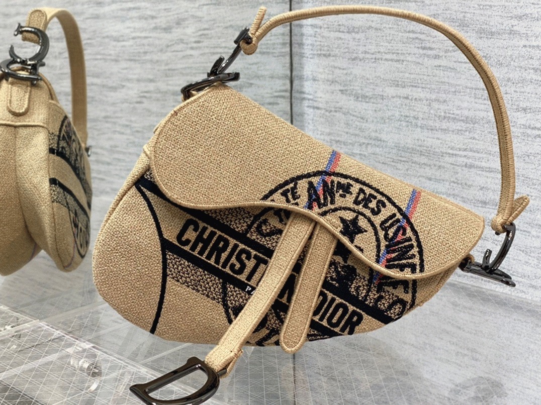 D10r Saddle Bag Knockoff in Beige Jute Canvas with D10r Union Motif