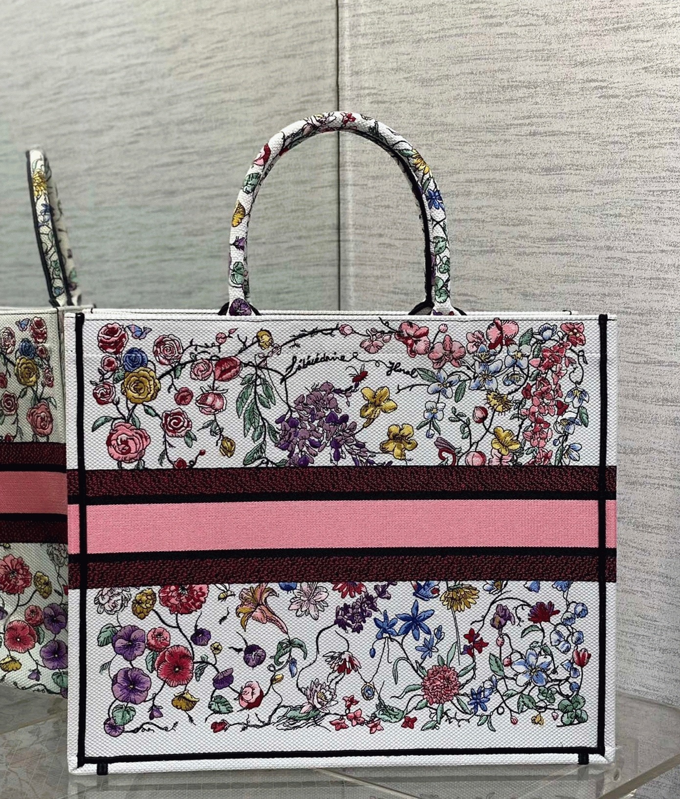 D10r Large Book Tote Bag Replica in White Multicolor Florilegio Embroidery