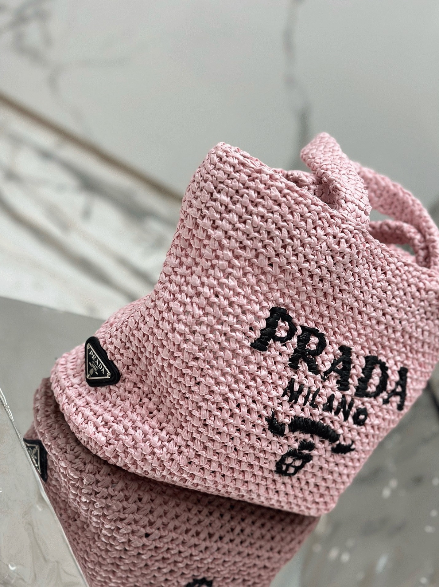 Pra*a Small Crochet Tote Bag Replica in Pink Raffia-effect Yarn