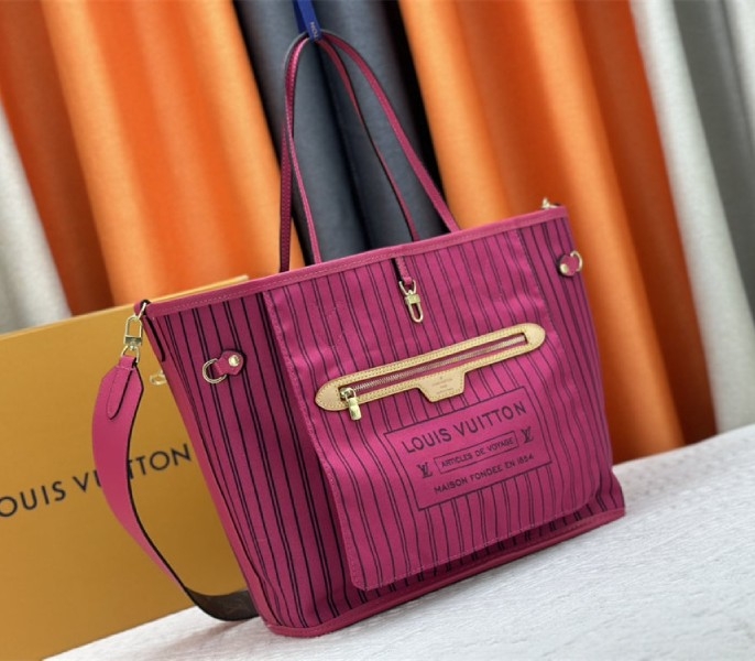 L0vis Vvtt0n Neverfull Bandouliere Inside Out MM Tote In Monogram Canvas And Rose Pondichery Textile