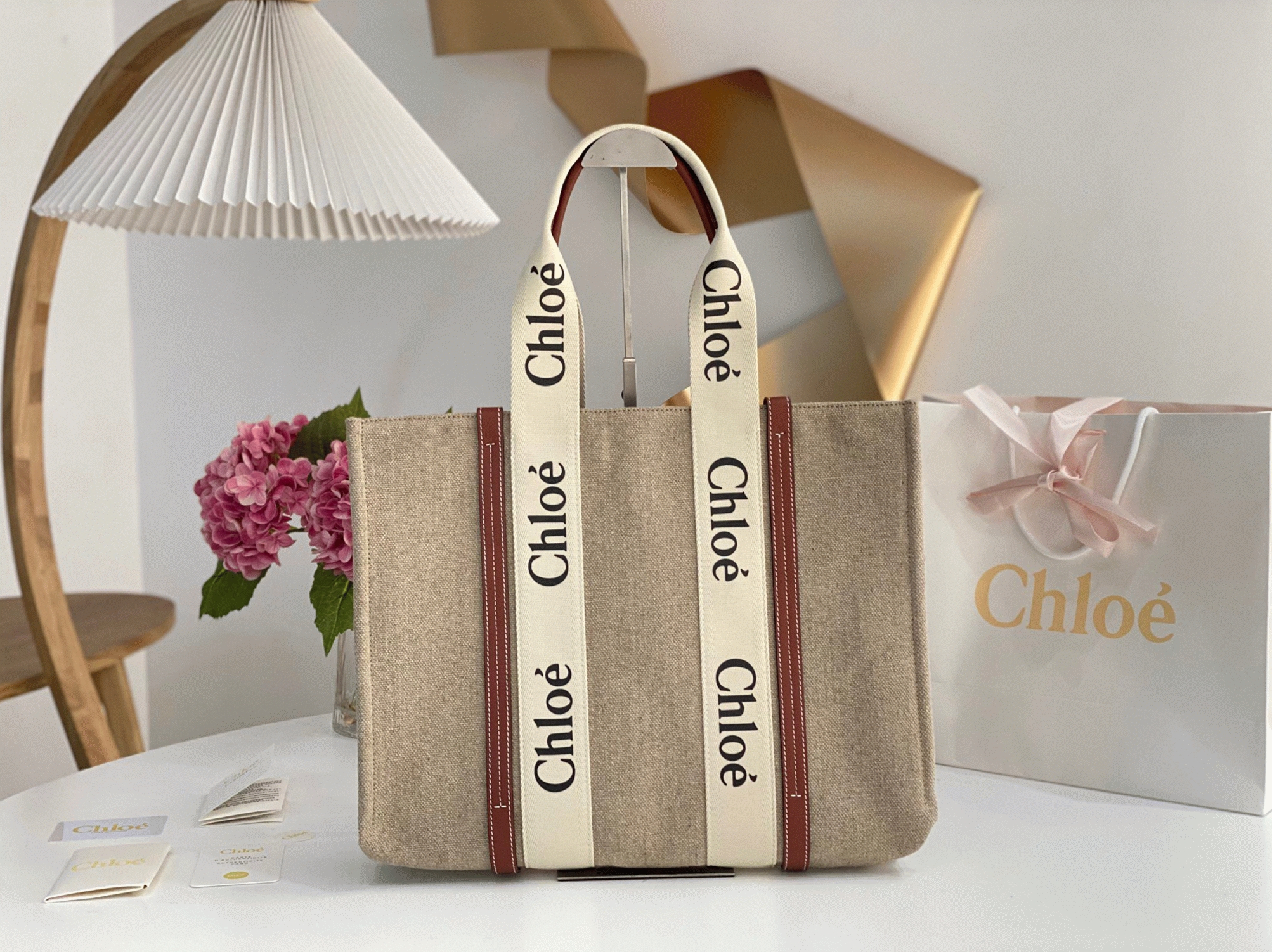 top quality fake Ch10e medium woody tote bag in canvas with tan leather strips