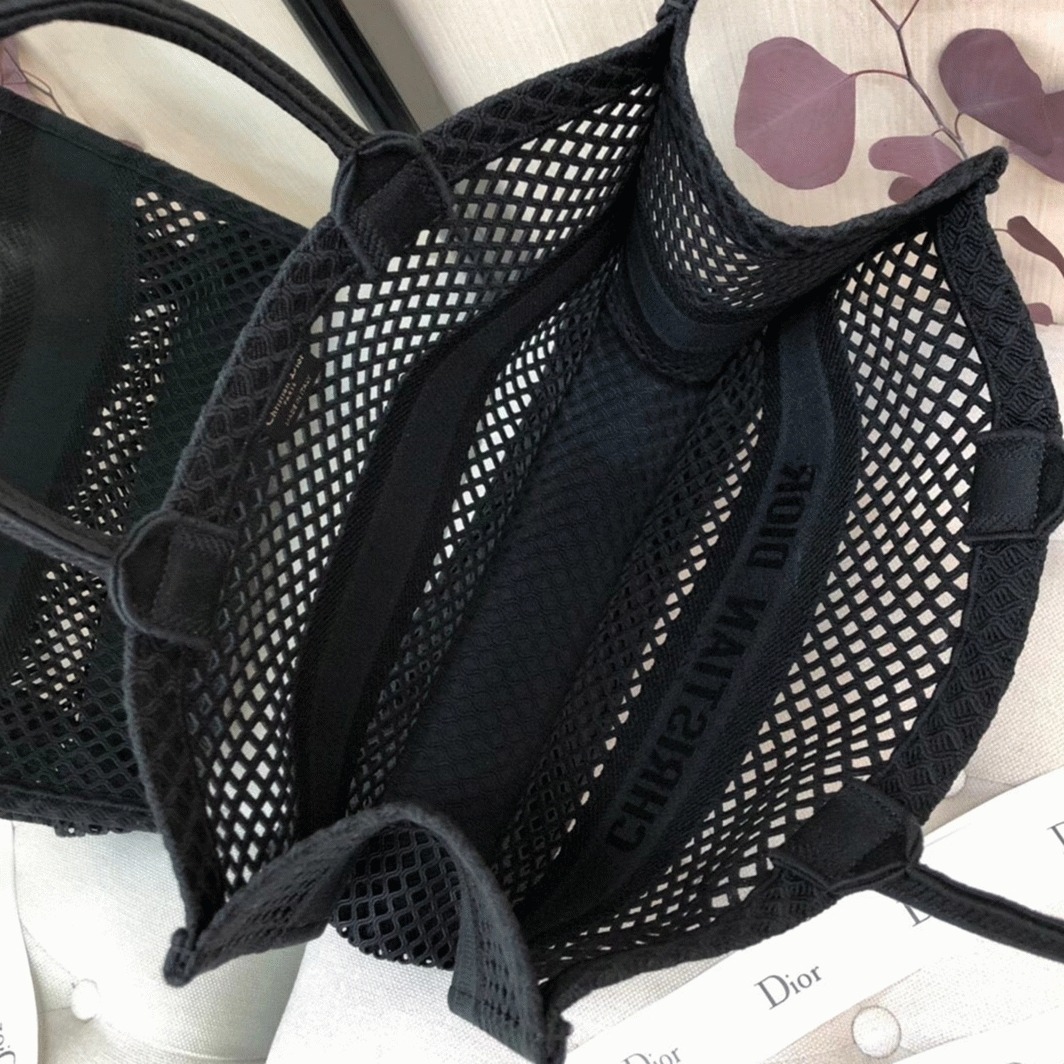 D10r Large Book Tote Bag Knockoff in Black Mesh Embroidery