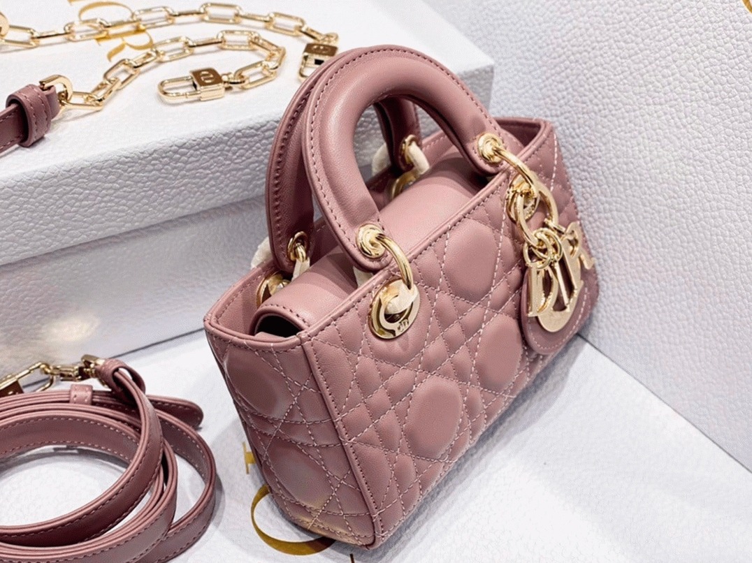 D10r Lady D-Joy Micro Bag Fake in Peony Pink Cannage Lambskin
