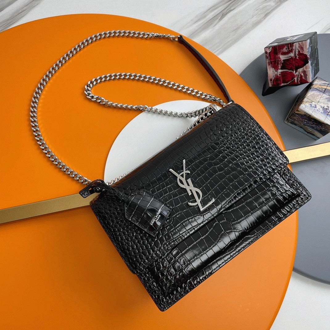 Fake Sa1nt Lau*nt Sunset Medium Chain Bag Noir Crocodile-embossed Leather