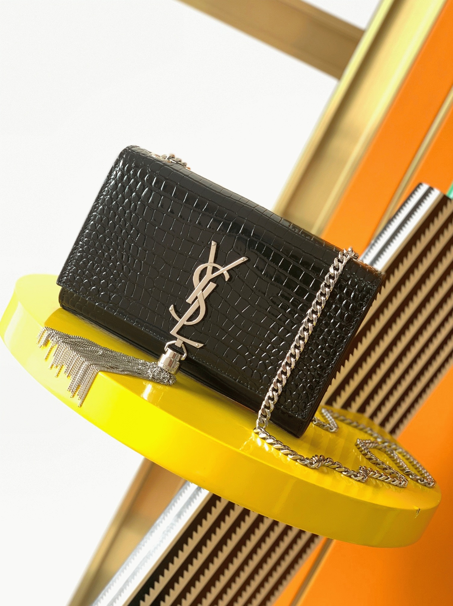 Fake Sa1nt Lau*nt Kate Small Tassel Bag Noir Crocodile-embossed Leather