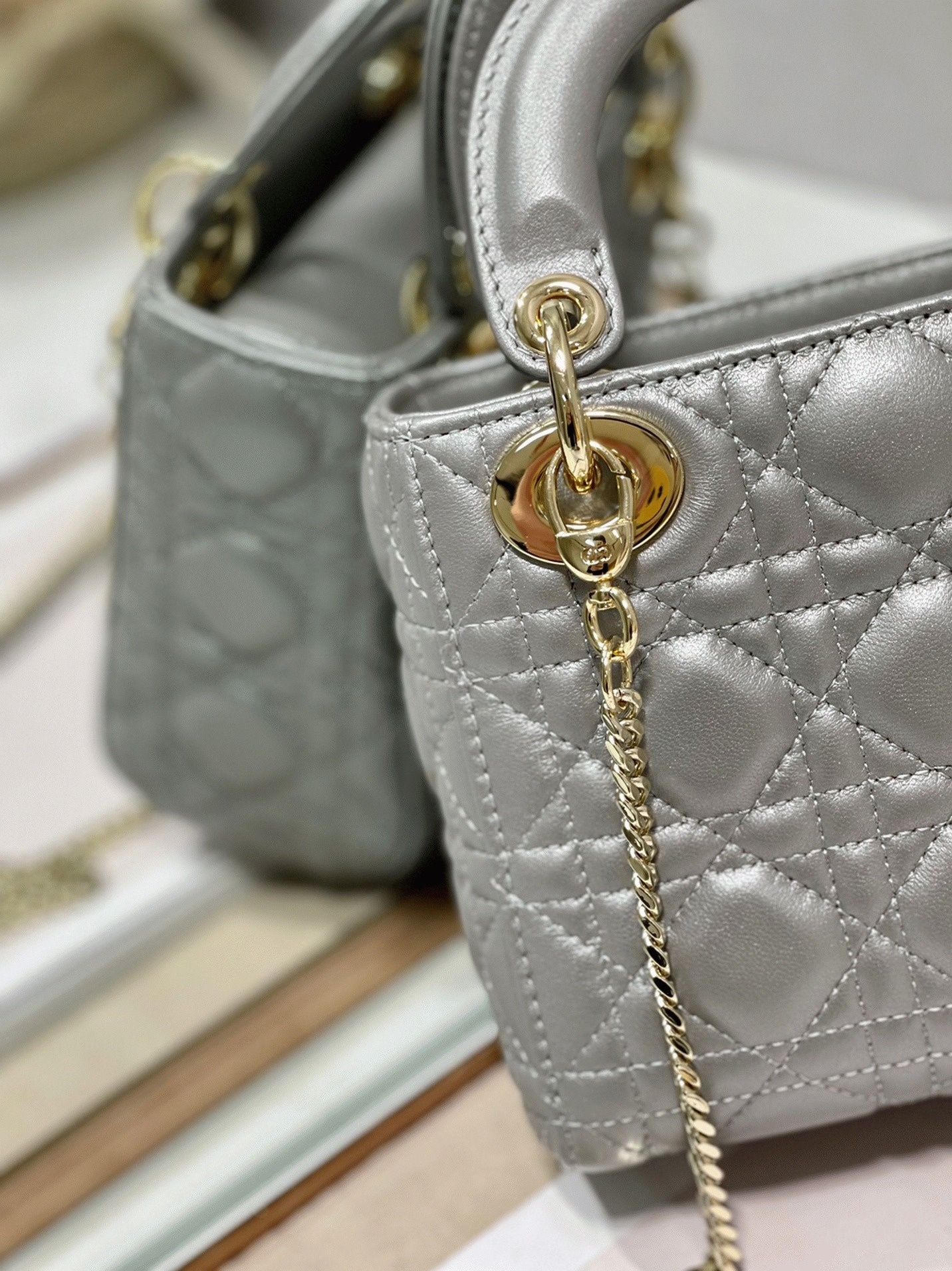 D10r Lady D10r Mini Chain Bag Replica in Grey Pearlescent Lambskin