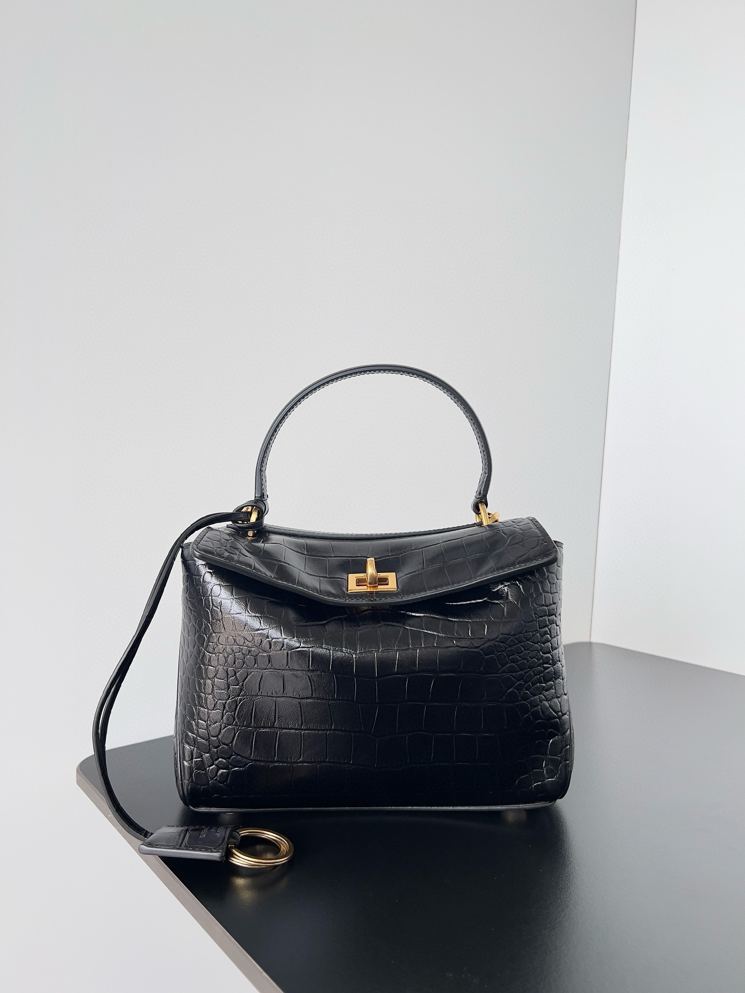 Knockoff Ba1en*iaga Rodeo Mini Bag Black Crocodile Embossed Calfskin