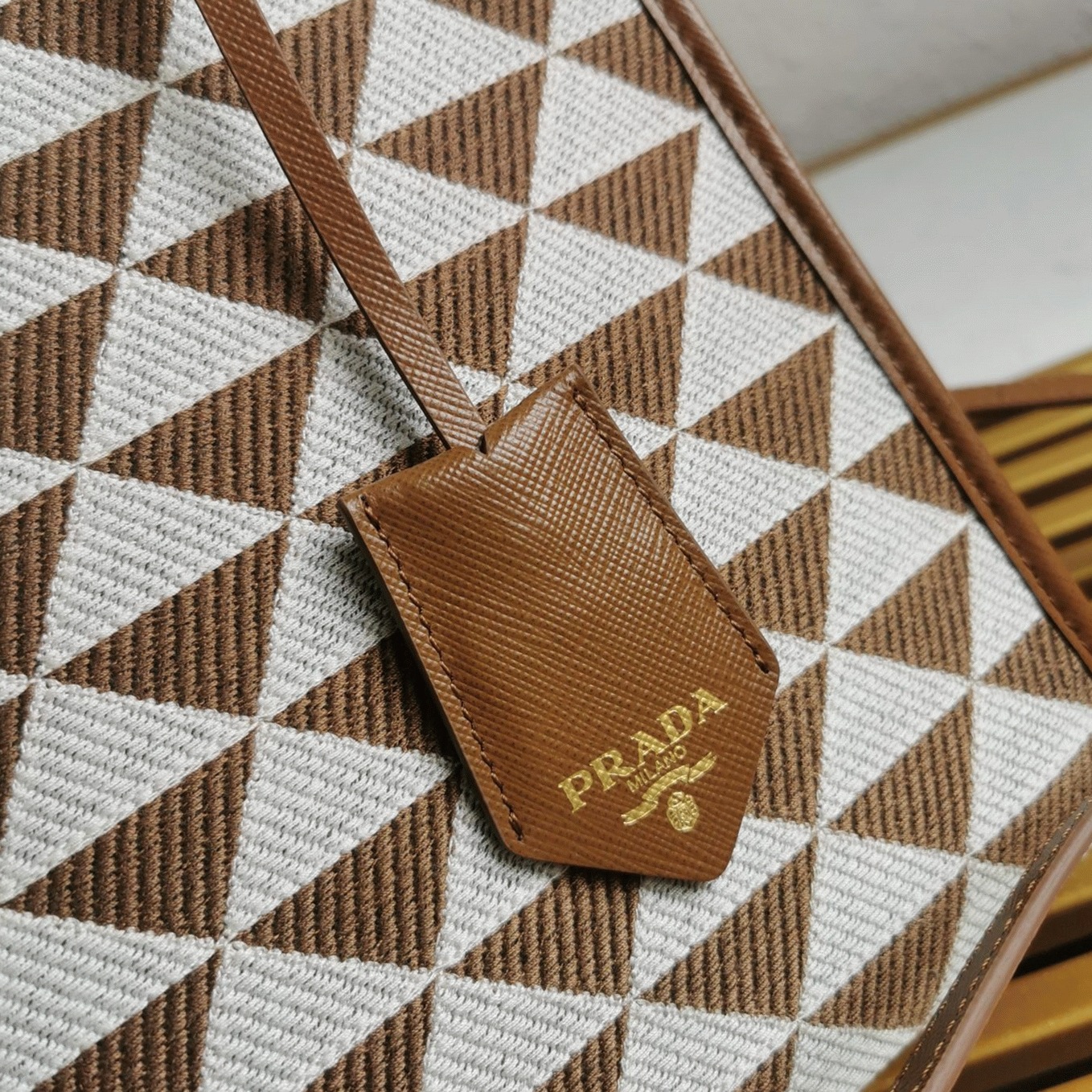 Pra*a Symbole Large Bag Replica in White/Brown Jacquard Fabric