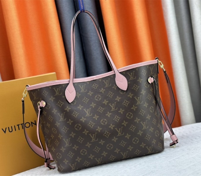 L0vis Vvtt0n Neverfull Bandouliere Inside Out MM Tote In Monogram Canvas And Peony Pink Textile And Leather