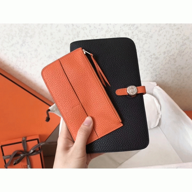 Black orange fake luxury H**me5 Dogon duo wallet