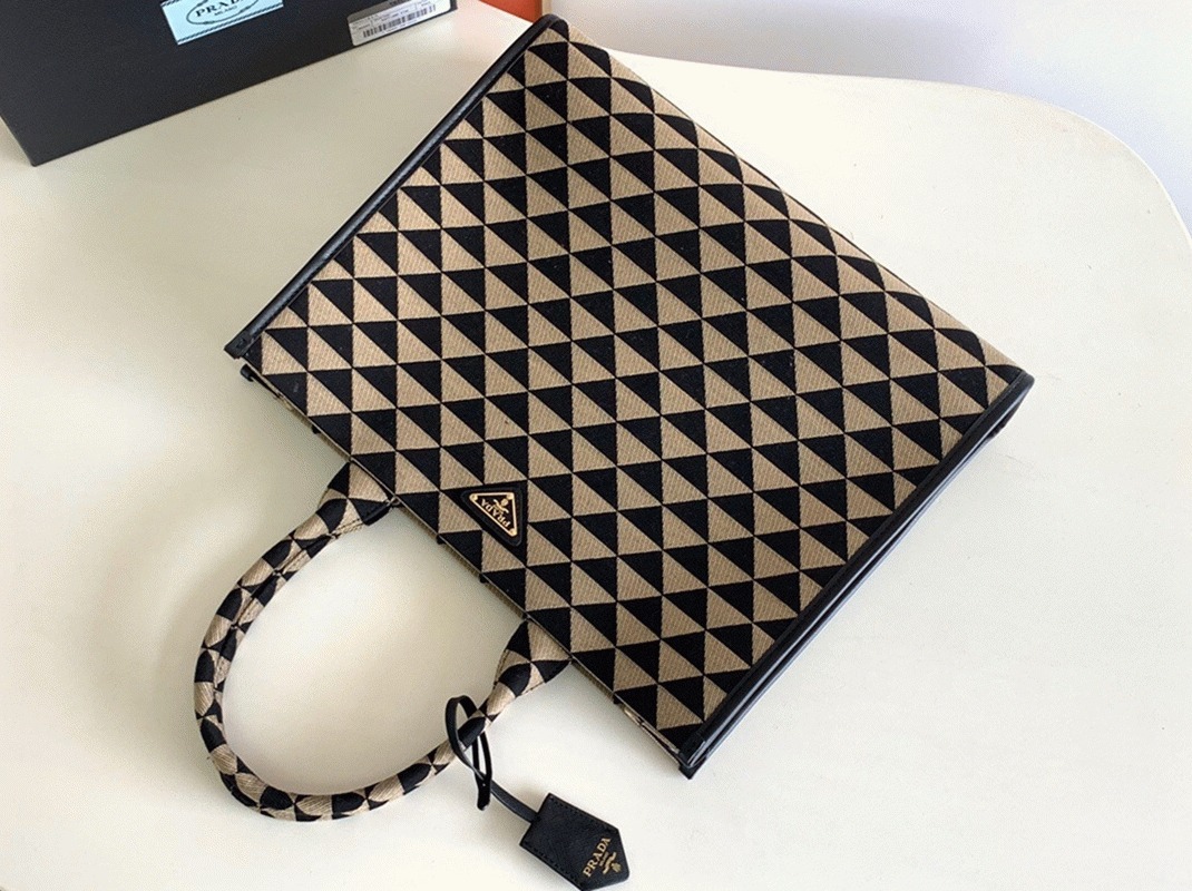 Pra*a Symbole Large Bag Knockoff in Black/Beige Jacquard Fabric
