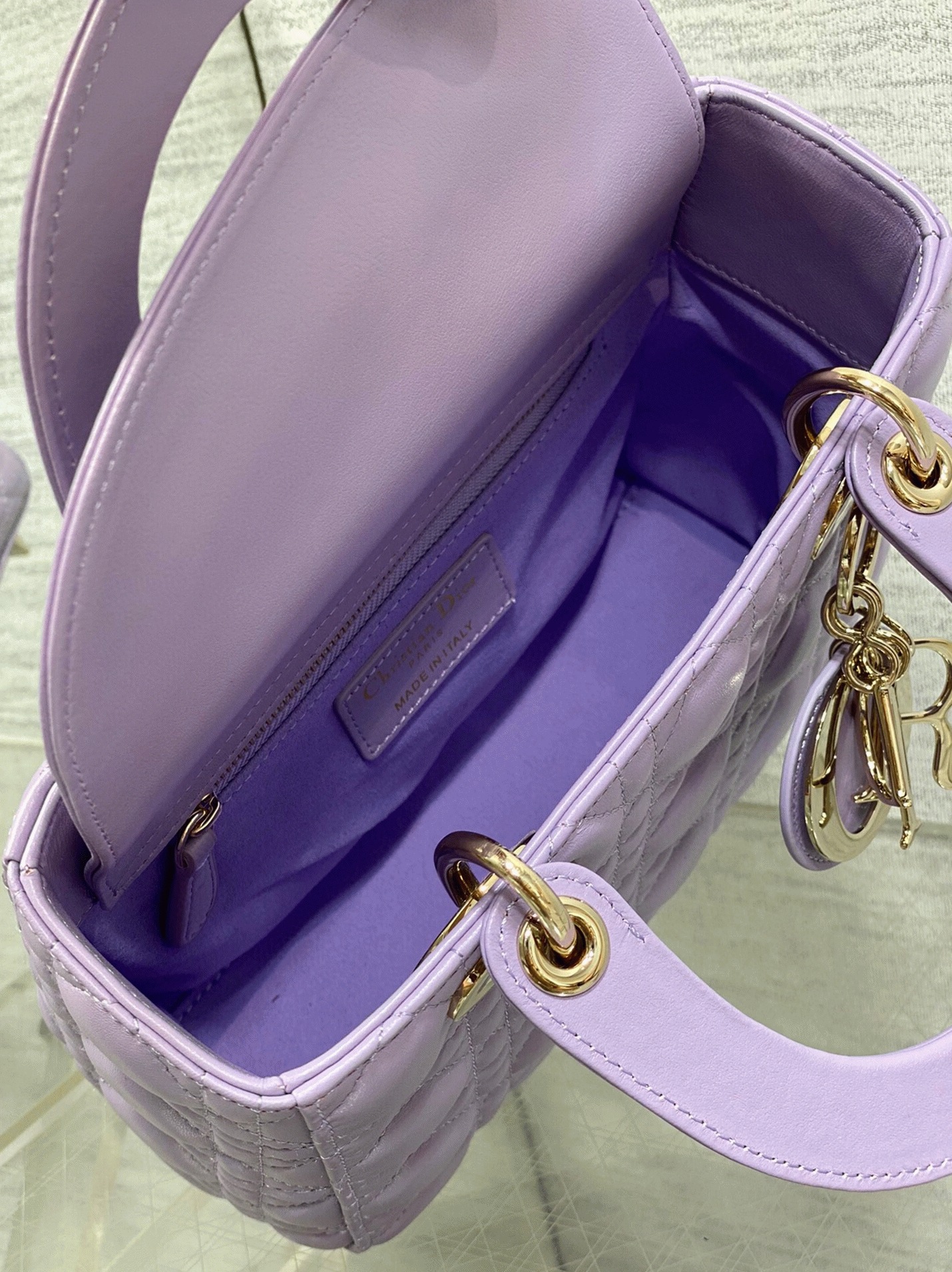 D10r Small Lady D10r Bag Fake in Lilas Lambskin with Resin Charms