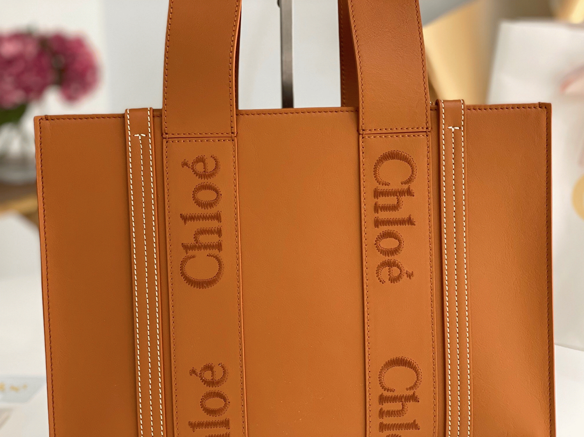 top quality faux Ch10e woody medium tote bag in brown calfskin