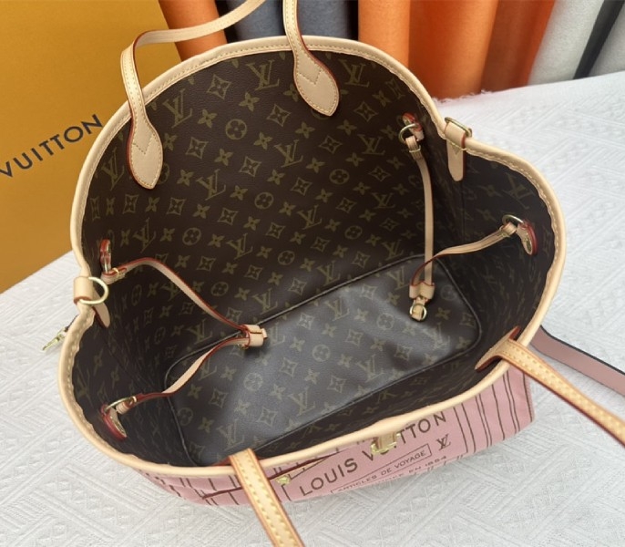 L0vis Vvtt0n Neverfull Bandouliere Inside Out MM Tote In Monogram Canvas And Peony Pink Textile